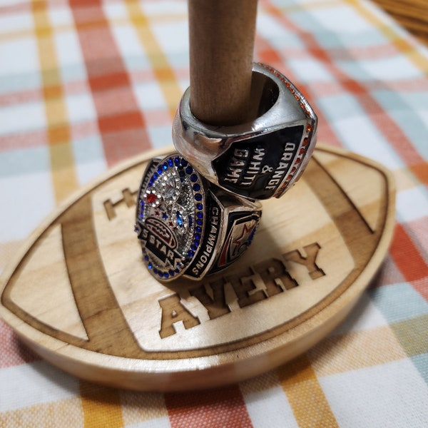 Football stacked ring holder ~ Championship Ring Display ~ Tournament Ring Holder ~ Personalized ~ FREE SHIPPING