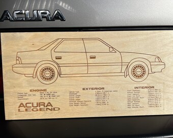 Acura Legend Gen 1 Wooden Line Art Drawing & Technical Specs Engraving | 1986 1987 1988 1989 1990 Acura Laser Engraved | FREE SHIPPING