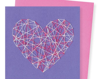 STRING HEART CARD / white & pink heart on purple