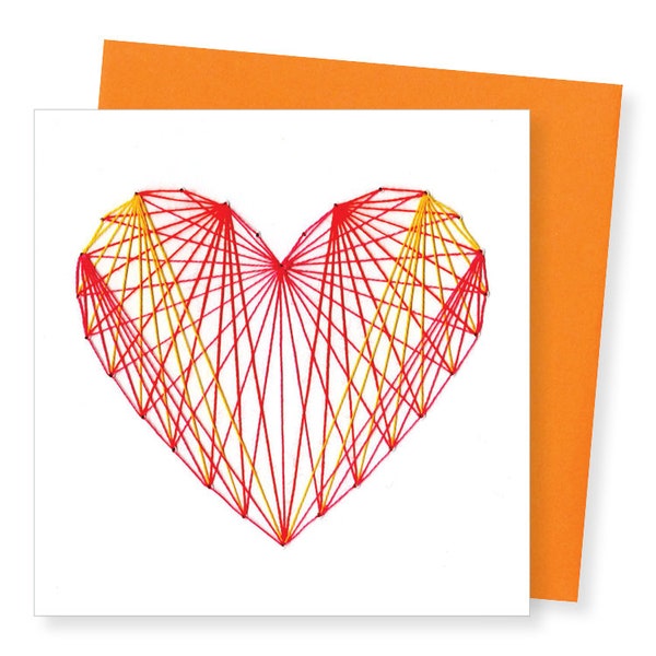 STRING HEART CARD / pink, orange, & gold heart on white