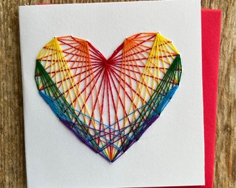 RAINBOW STRING HEART / hand-stitched greeting card