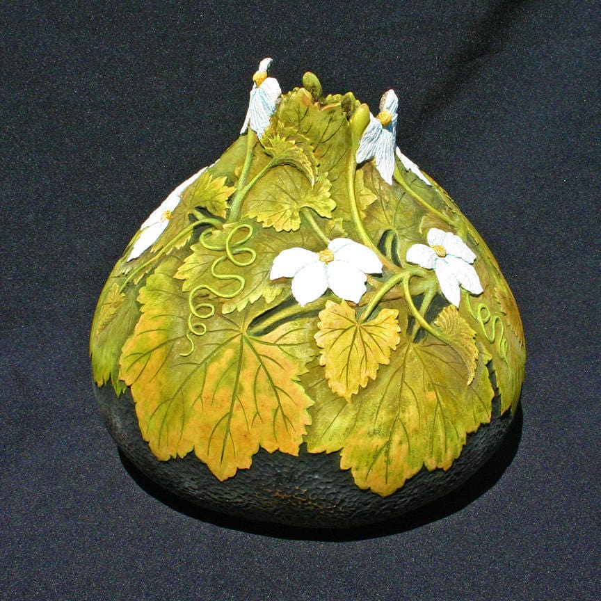 Hand Carved Gourd with Gourd Flowers and Leaves Etsy
