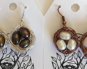 Sterling or Copper Nest with Freshwater Pearls Earrings