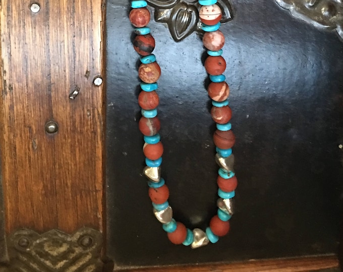 Turquoise, Sterling Nuggets and Red Jasper Necklace