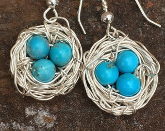 Turquoise Eggs in Silver Nest Earrings