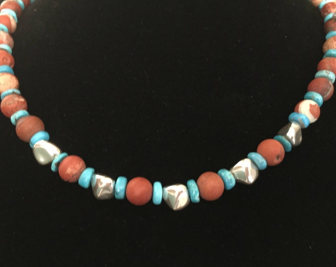 Turquoise, Sterling Nuggets and Red Jasper Necklace