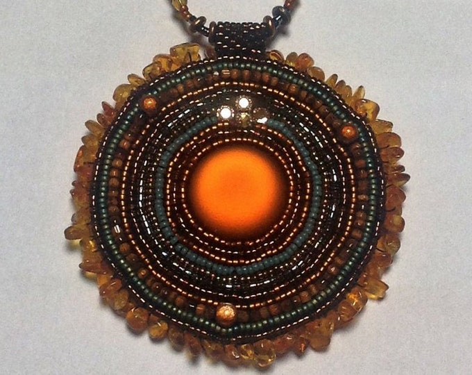 Beaded Amber Pendant on Matching Necklace