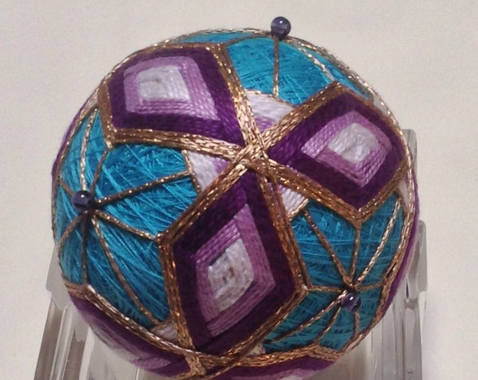 Temari Ball Purple Diamonds on Turquoise