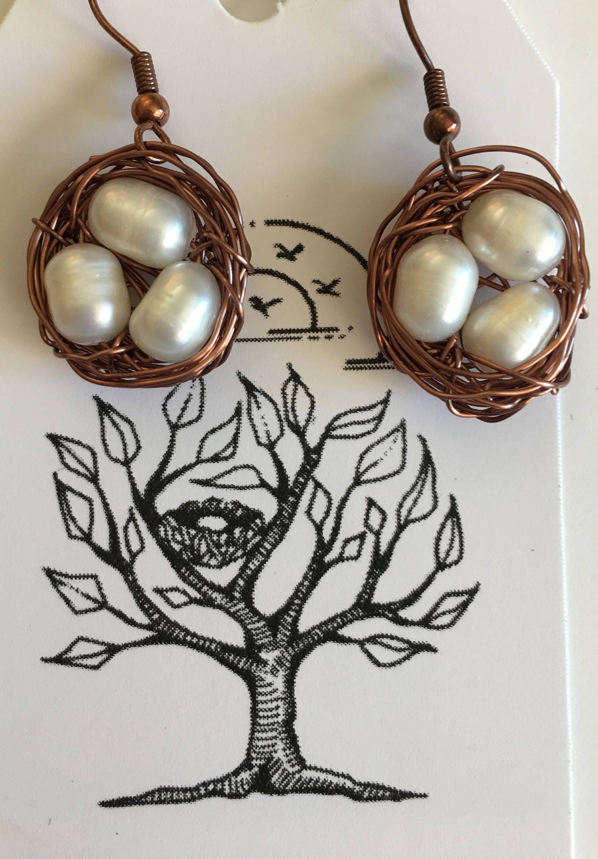 Sterling or Copper Nest with Freshwater Pearls Earrings