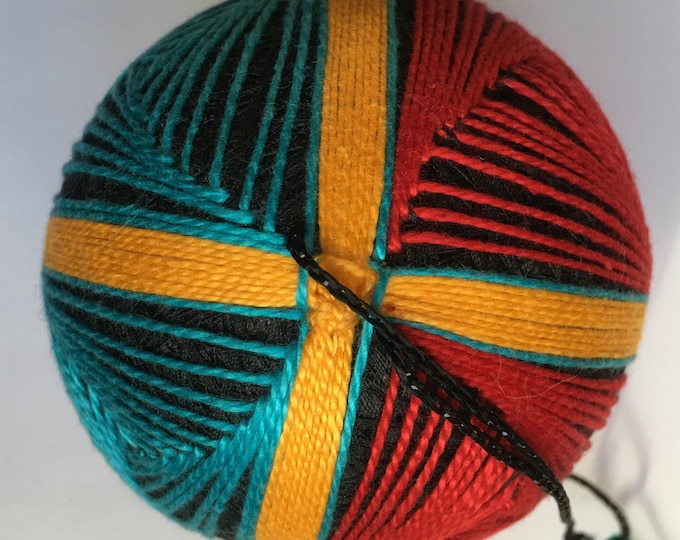 Temari Ball Turquoise, Red and Gold