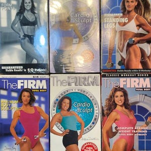 May include: A collection of vintage fitness workout VHS tapes. Each tape features a woman demonstrating exercises. Titles include "Form Points", "Super Cardio Sculpt", "Standing Legs", "Maximum Body Sculpting", and "Cardio Sculpt". The tapes promise visible results.