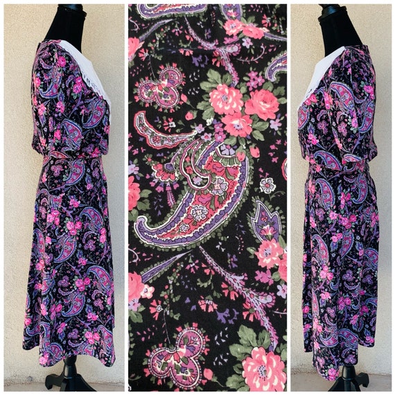 Vintage 1980s Paisley Floral Blouson Bib Dress - image 3