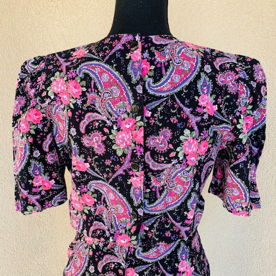 Vintage 1980s Paisley Floral Blouson Bib Dress - image 5