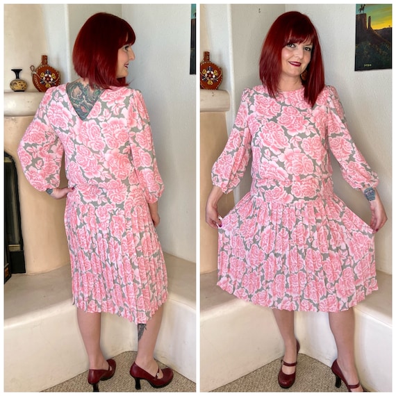 Vintage 1980s Pink & Grey Floral Pleated Dress - image 1