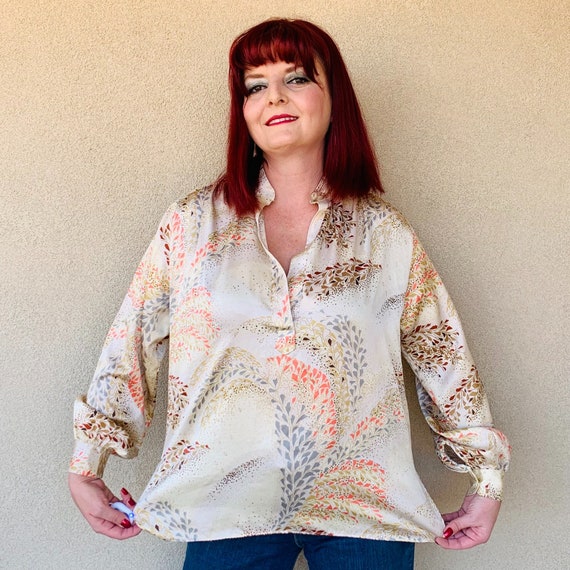 Vintage 70s Leafy Popover Mandarin Collar Blouse - image 6