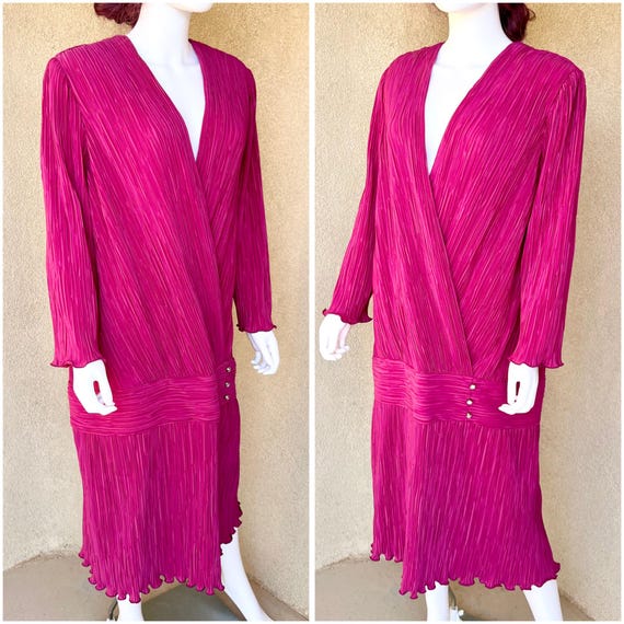 VOLUP Vintage 80s Magenta Pleated Dress Leslie Po… - image 4