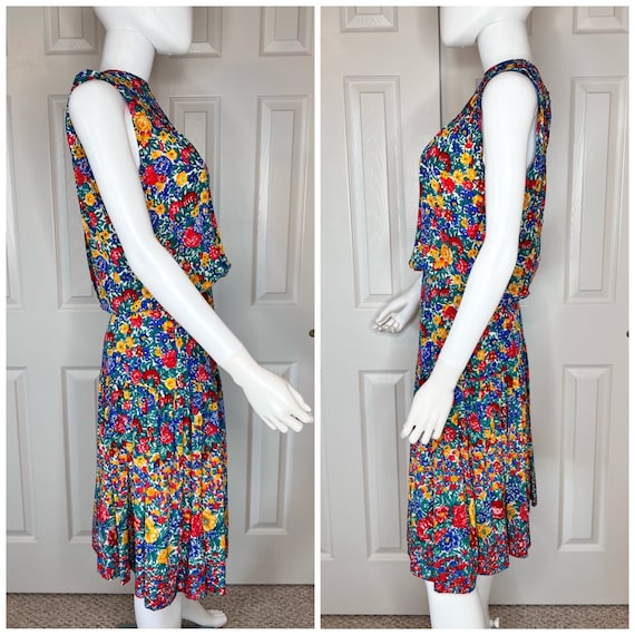80s Albert Nipon Colorful Floral Drop Waist Silk … - image 3