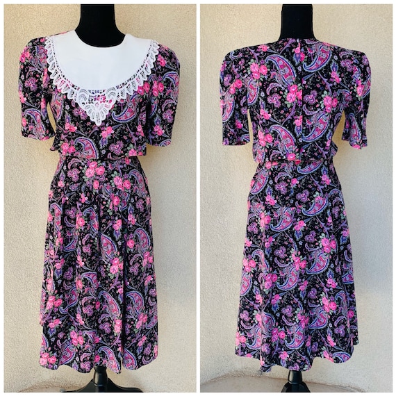 Vintage 1980s Paisley Floral Blouson Bib Dress - image 1