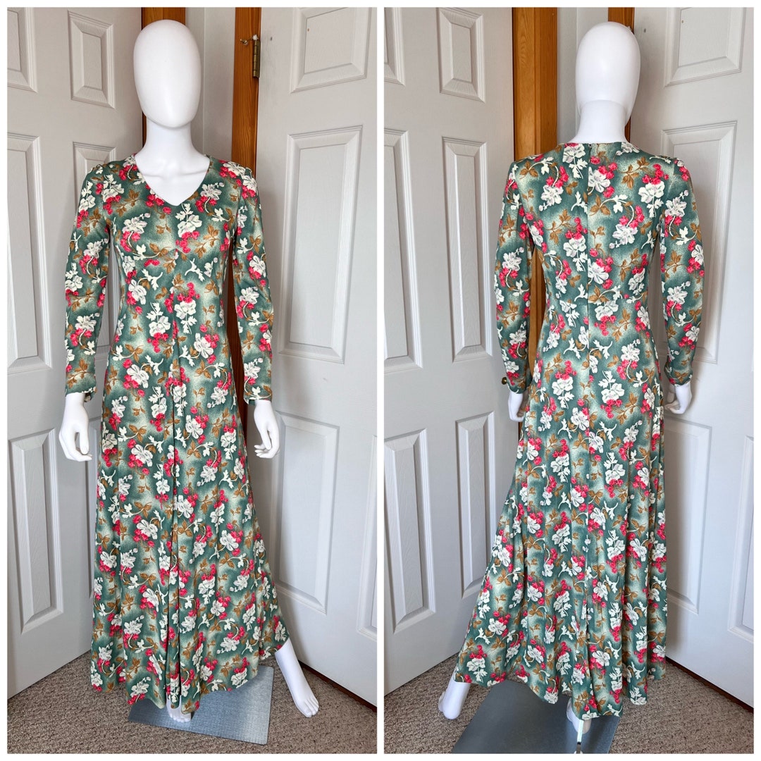 1970s Pink Floral Long Sleeve Maxi Dress