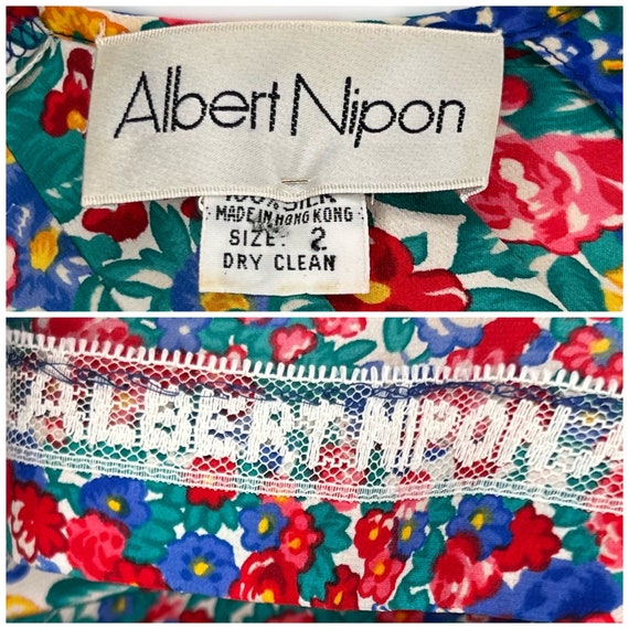 80s Albert Nipon Colorful Floral Drop Waist Silk … - image 6