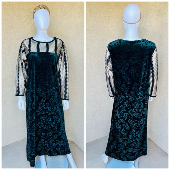 1990s Emerald Green Floral Pattern Velvet Dress