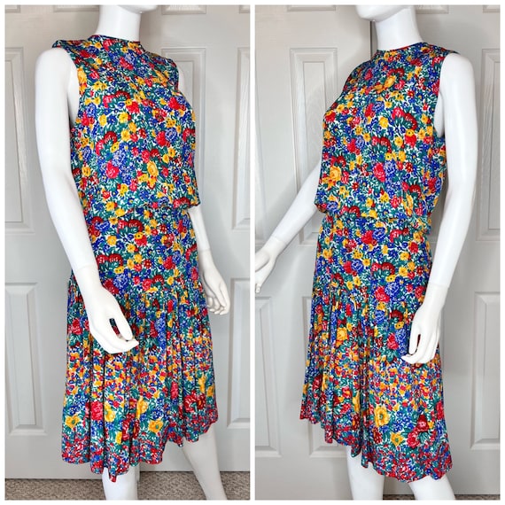 80s Albert Nipon Colorful Floral Drop Waist Silk … - image 2
