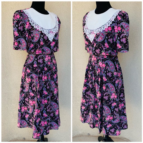 Vintage 1980s Paisley Floral Blouson Bib Dress - image 2