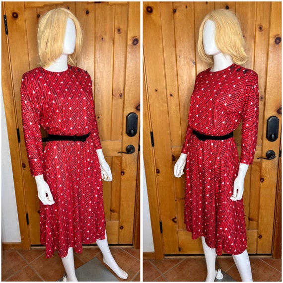 1980s Geometric Red Delight Vintage Dress - image 3