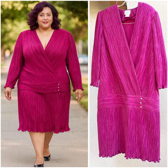 VOLUP Vintage 80s Magenta Pleated Dress Leslie Po… - image 1