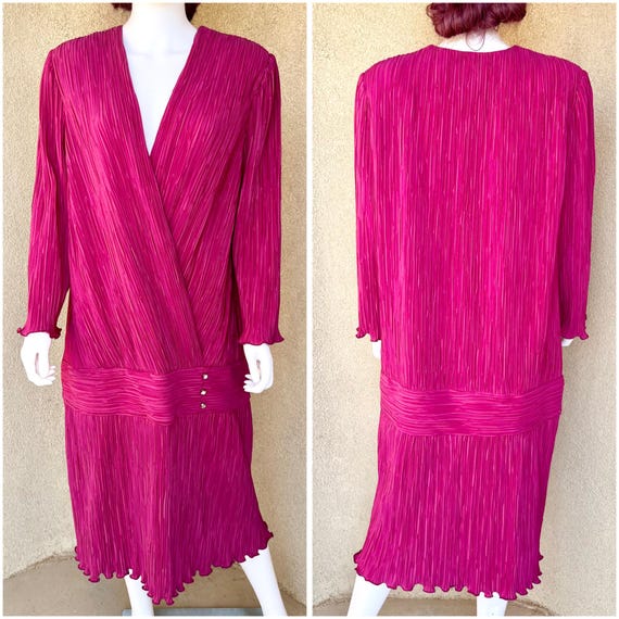 VOLUP Vintage 80s Magenta Pleated Dress Leslie Po… - image 2