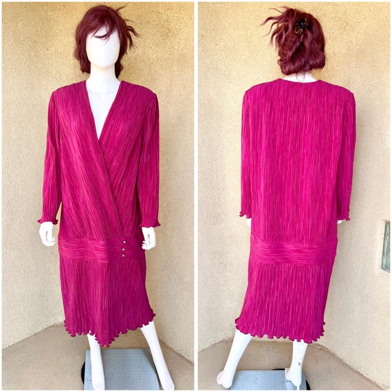 VOLUP Vintage 80s Magenta Pleated Dress Leslie Po… - image 3