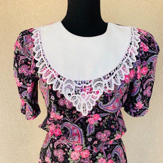 Vintage 1980s Paisley Floral Blouson Bib Dress - image 4