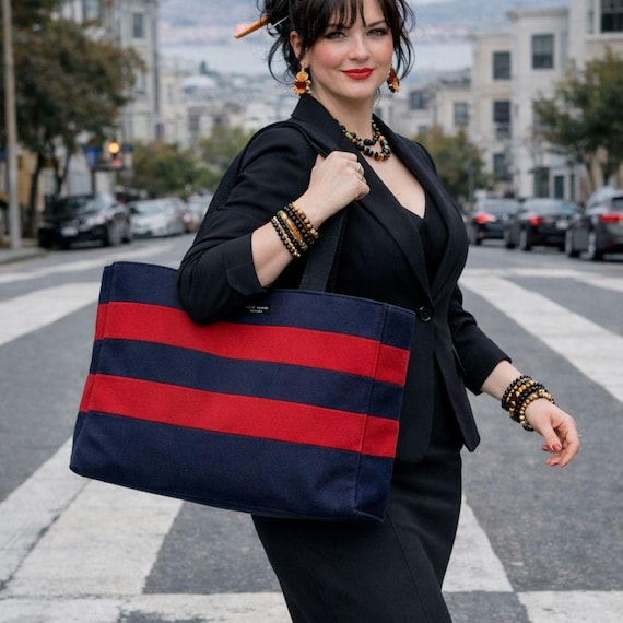 KATE SPADE Vintage Y2K Navy Blue & Red Wool Tote … - image 1