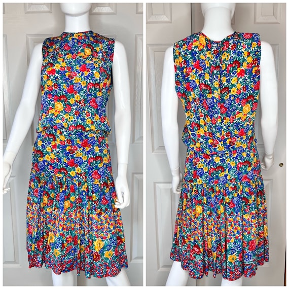80s Albert Nipon Colorful Floral Drop Waist Silk … - image 1