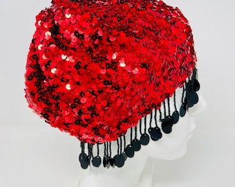 Vintage Red Sequin Beret With Dangling Beads / Sequin Hat  display picture 1