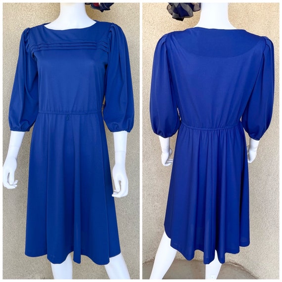 Retro Elegance 70s Royal Blue Blouson Dress