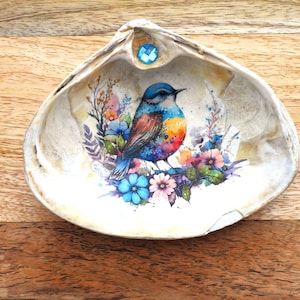 May include: A decorative seashell with a painted bird and floral design. The bird features blue, orange, and yellow hues, surrounded by colorful flowers. A blue gem is set at the top of the shell.