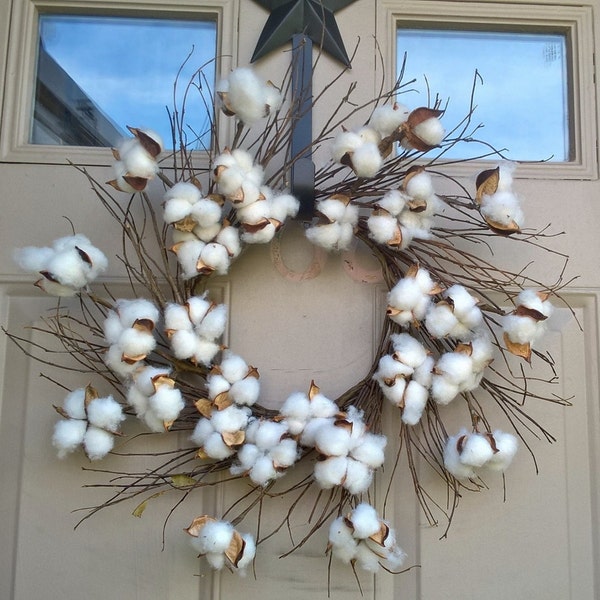 All-seasons, year-round, all-year, Autumn, Fall, small cotton, cotton boll grapevine sunburst wreath