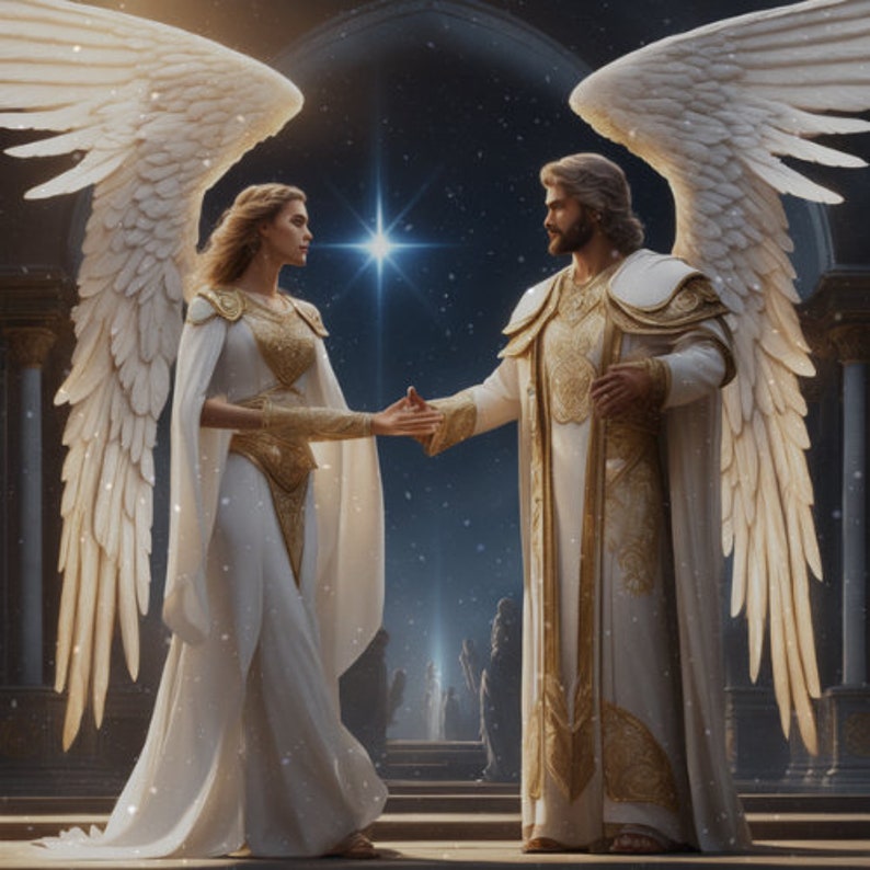 Puede incluir: Un hombre y una mujer con t&uacute;nicas blancas y grandes alas blancas se encuentran de pie frente a frente. Se toman de la mano y se miran. El fondo es una habitaci&oacute;n oscura y ornamentada con una estrella brillando en el cielo.