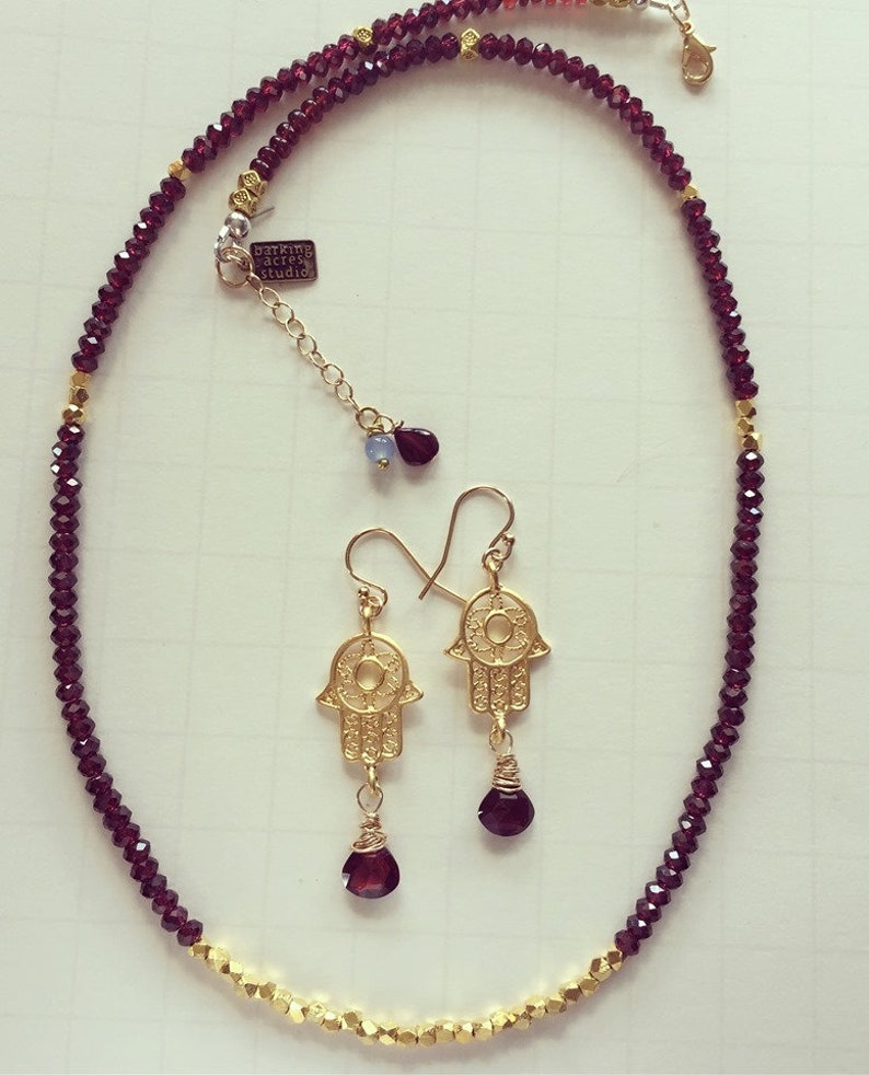 Garnet and Thai Gold with Matching Hamsa EarringsNecklace and Earrings SetHamsagarnetgold