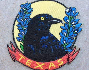 Texas Bluebonnet and Grackle Embroidered Patch