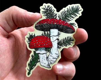 Amanita Muscaria Mushroom & Conifer Sprig - Sticker