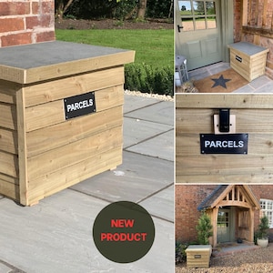 May include: A wooden parcel box with a slate lid and a black label that says "PARCELS". The box is sitting on a patio made of grey stone paving slabs. The box is a new product.