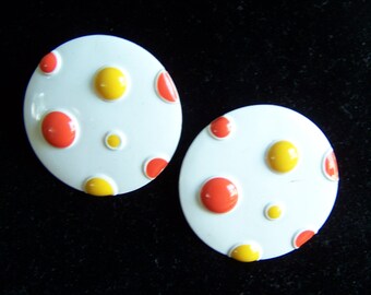 Vintage Space Age Saucer Circle Pierced EARRINGS Enamel Metal Textured White Orange Yellow Planets