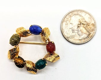 Vintage Egyptian Revival Gemstone Gold Filled Scarab Pin