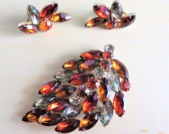 Vintage Red Orange Silver Gray Navette and Round Rhinestones Large Leaf Brooch and Earring Set