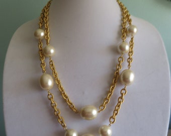 Vintage Signed Liz Claiborne Long Two Stranded Brushed Gold Tone Chain with Simulated Pearls