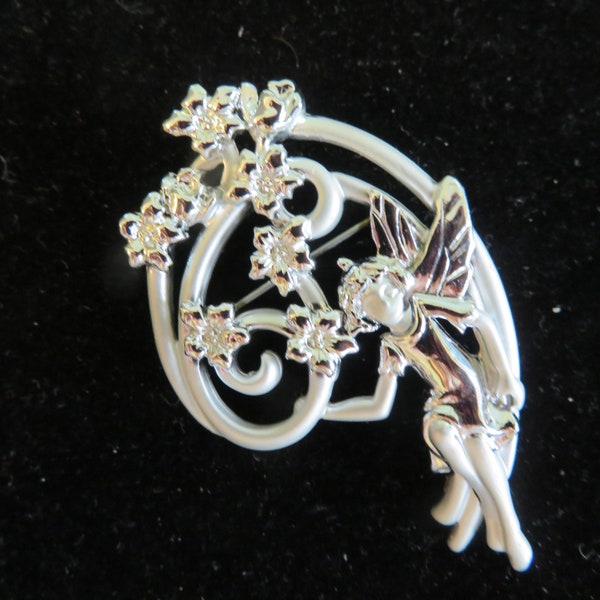 Vintage Signed Danecraft Angel or Fairy Perched on Flowers and Stems Pin Brooch