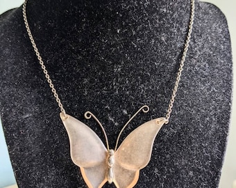 Vintage Resin Butterfly Pendant Silver Chain Necklace