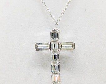 Rare Vintage Signed Eisenberg Clear Crystal Rhinestone Cross Pin Pendant Necklace